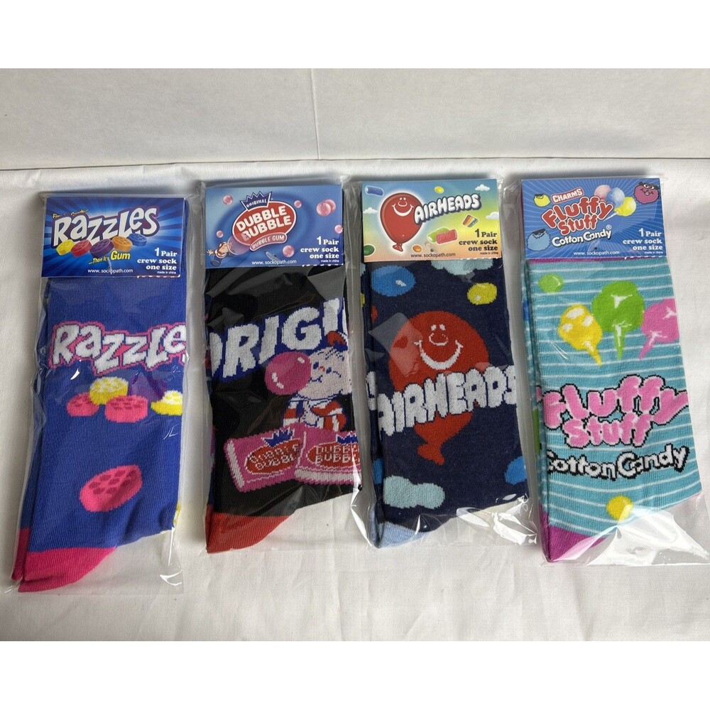 New Classic Candy Crew Socks Size 8/9-12/13 Razzles Gum Airheads Fluffy Stuff